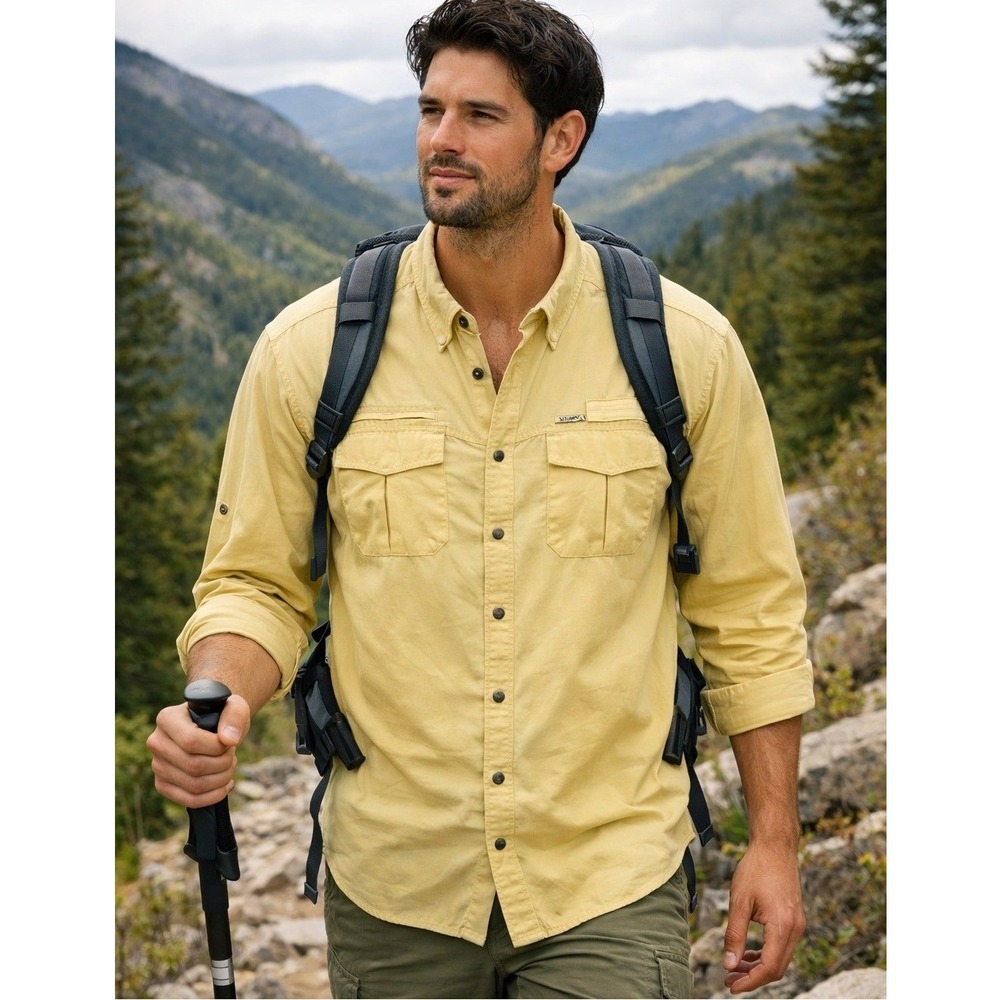 Dakota Grizzly Fishing Shirt Mens Size XXL Yellow Vented Utility Pockets Good